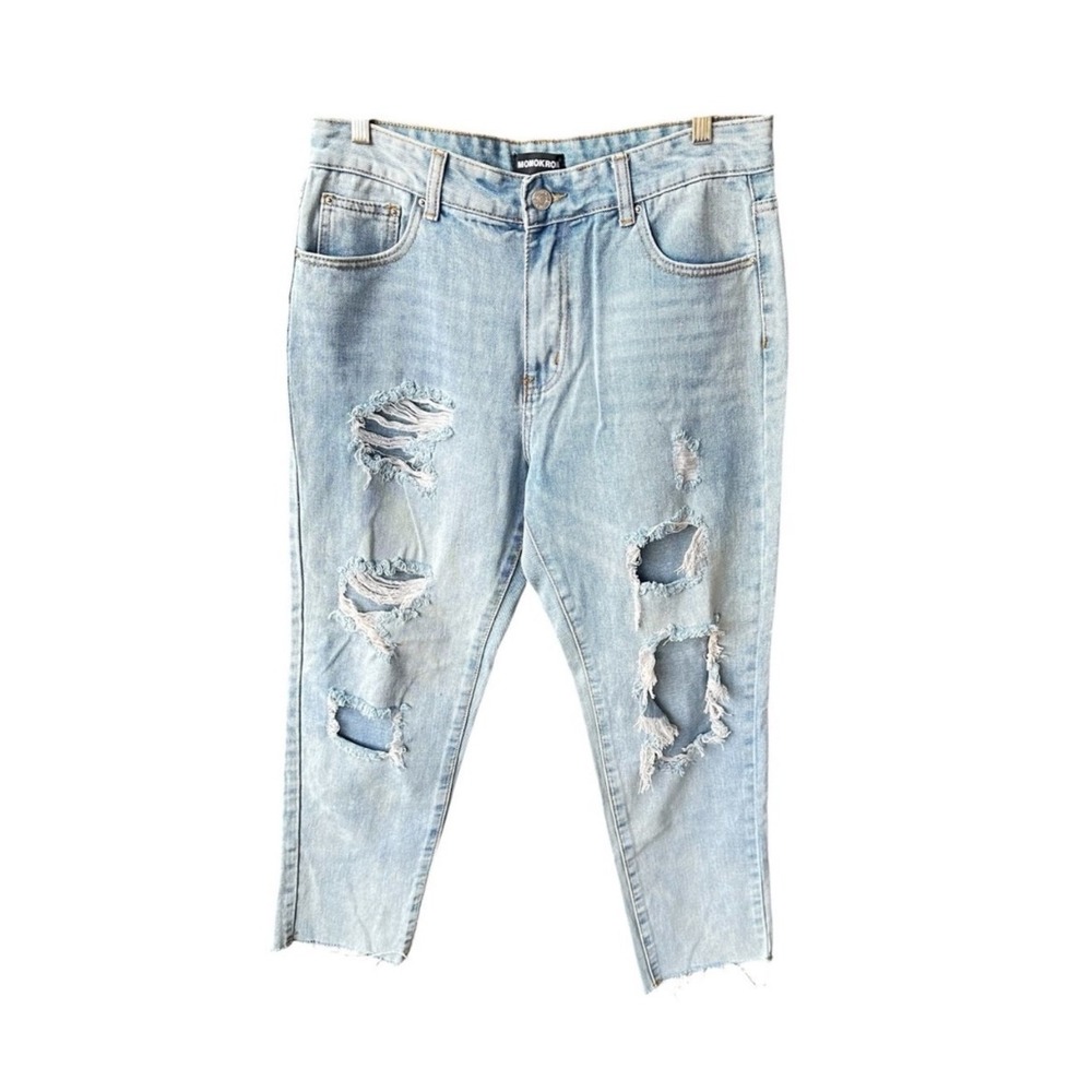 Momokrom Jeans Pants Light Wash Distressed Ripped Tapered Raw Hem Relaxed EU 42